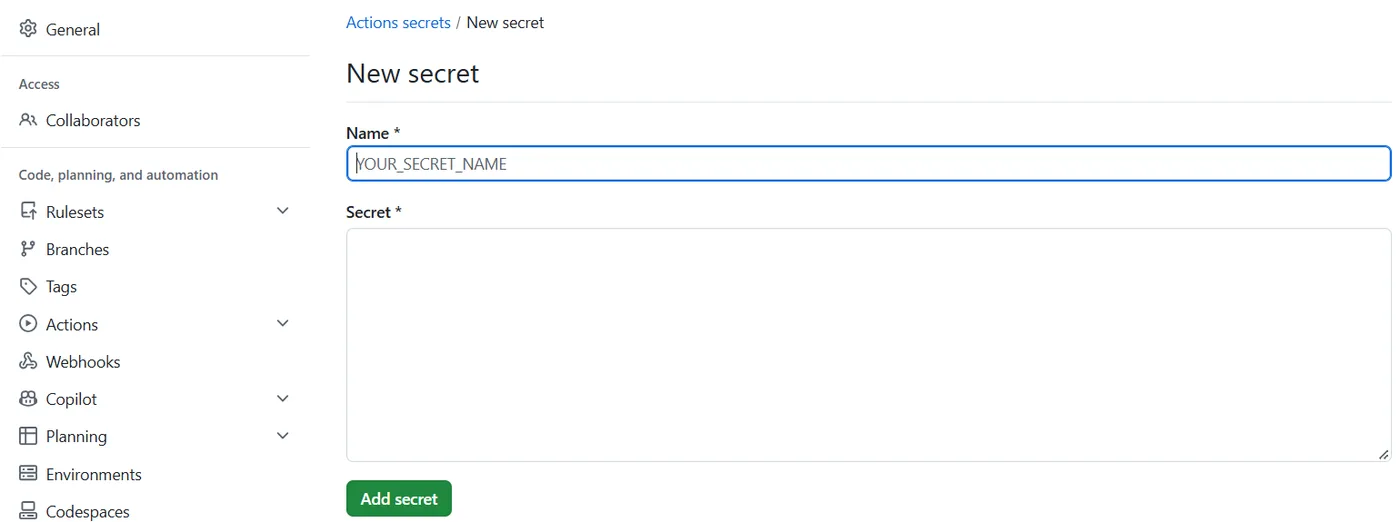 Formulario New secret en la configuración de Actions de un repositorio de GitHub