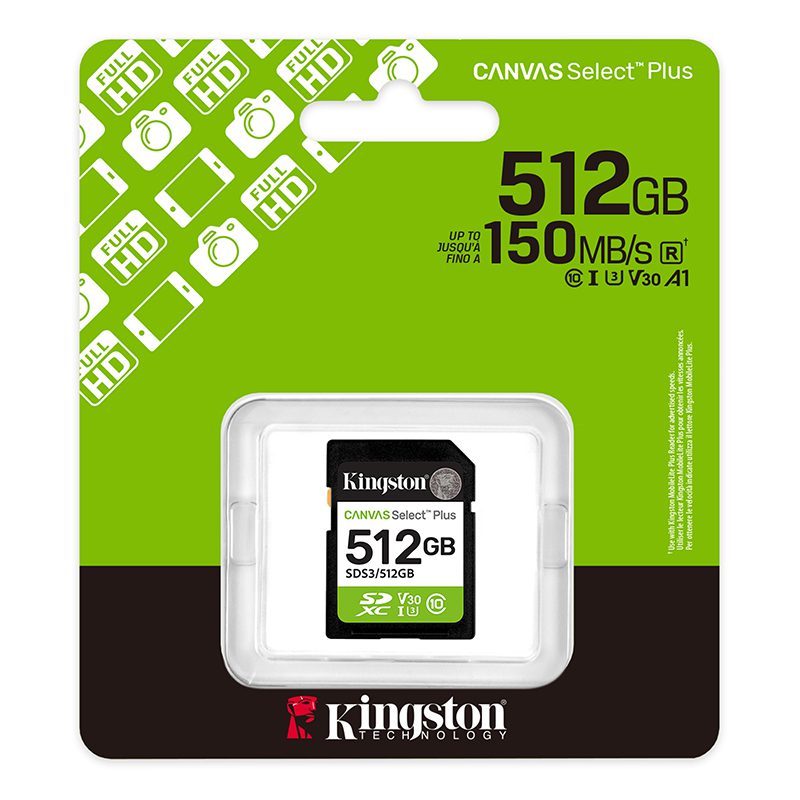 Memoria Card SD Kingston SD Canvas Select Plus 512GB, categoría de velocidad: UHS-I/U3/V30