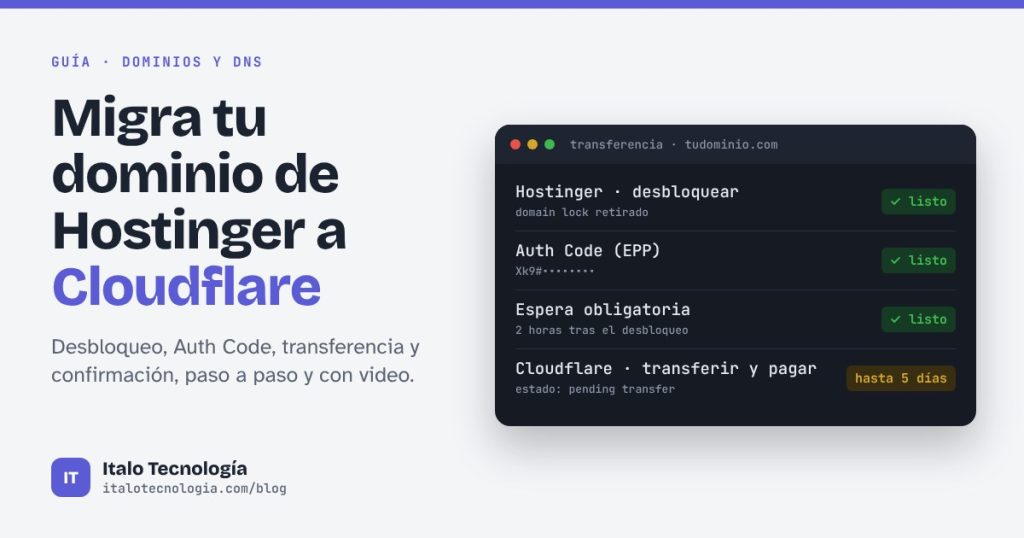 Migra tu dominio de Hostinger a Cloudflare: desbloqueo, Auth Code, transferencia y confirmación