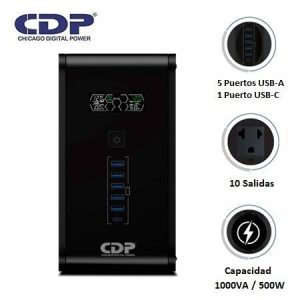 UPS CDP R-Smart 1010I 1000VA / 500W Autonomía 30MIN 10 Salidas/5 Port USB-A/1 Port USB-C Negro