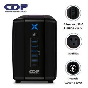 UPS CDP R-UPR1008I 1000VA/500W 8 Salidas / 5 Port USB / 1 Tipo C / Autonomia 40 Min Negro