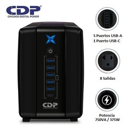 UPS CDP R-UPR758I 750VA/375W 8 Salidas / 5 Port USB / 1 Tipo C / Autonomia 20MIN Negro